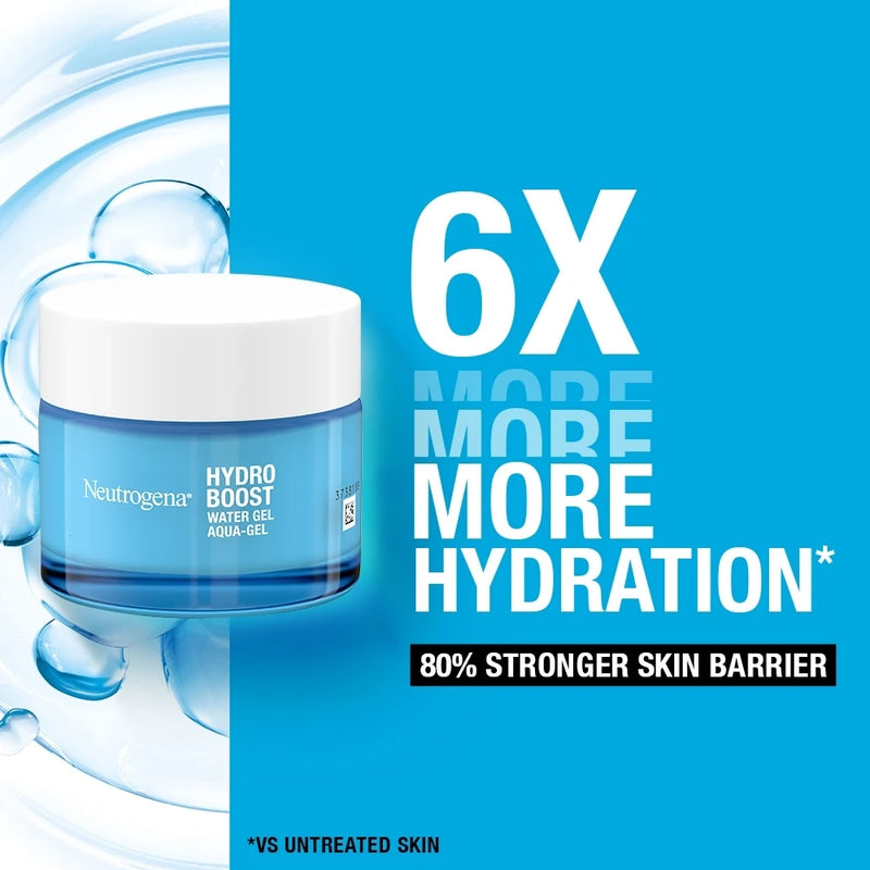 Neutrogena Hydro Boost water gel with hydration benefits on a blue background