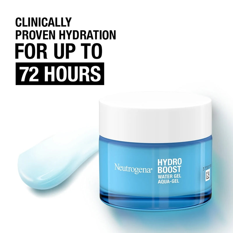 Neutrogena Hydro Boost water gel jar with text on clinically proven hydration.