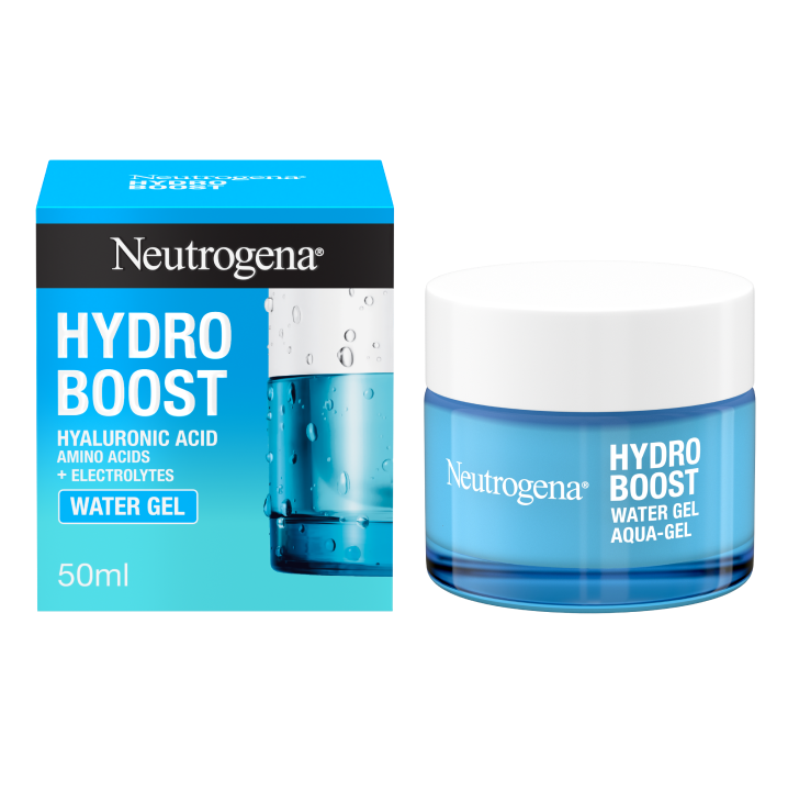Neutrogena Hydro Boost water gel packaging and jar on a white background