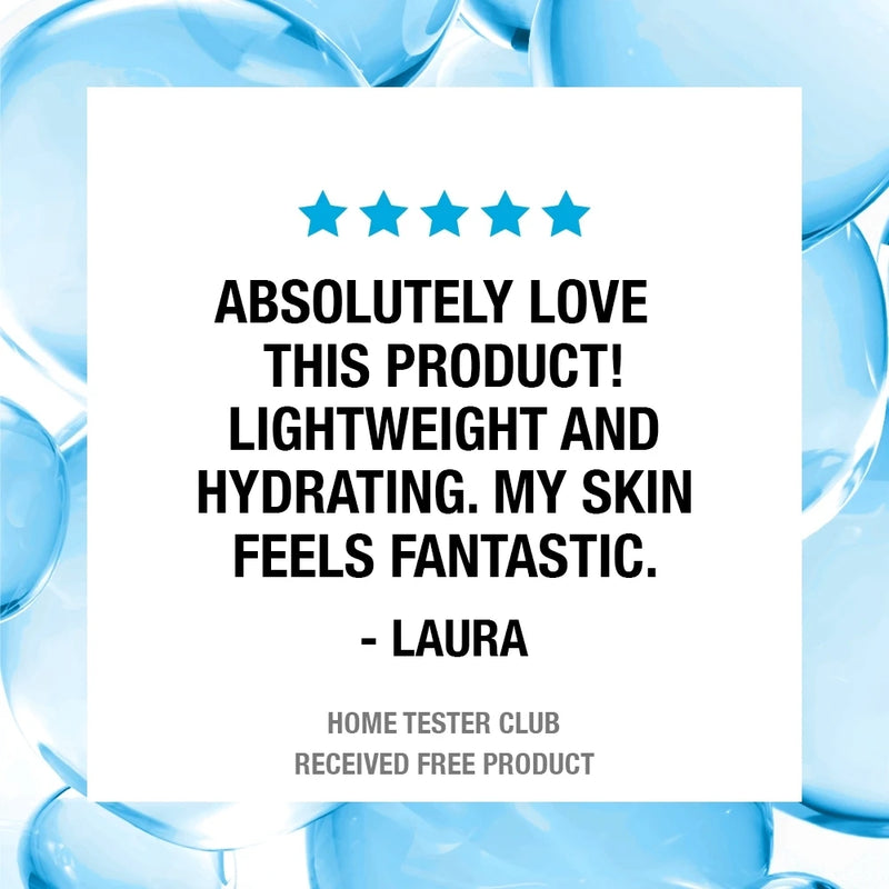 Product review with blue bubbles in the background