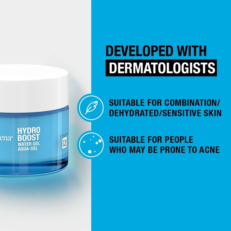 Hydro Boost water gel container with dermatologist-developed text on a blue background