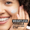 Woman applying cream to her face with text about a weightless formula.