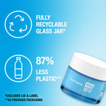 Neutrogena Hydro Boost jar with recycling and plastic reduction information on a blue background