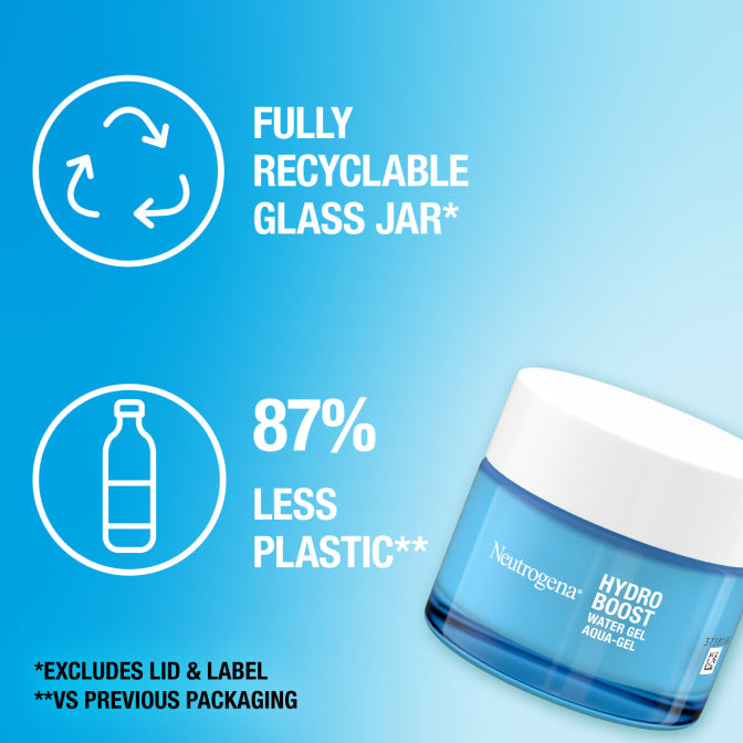 Neutrogena Hydro Boost jar with recycling and plastic reduction information on a blue background