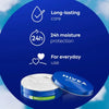 Nivea Long-lasting Care 24h moisture protection cream puff shown in a blue tin with white cream visible, on a blue graphic background with text highlighting key benefits.
