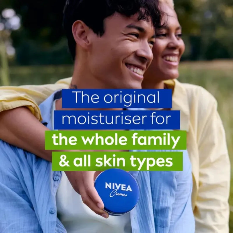 Two people smiling outdoors with a Nivea cream container, text about the product's versatility.