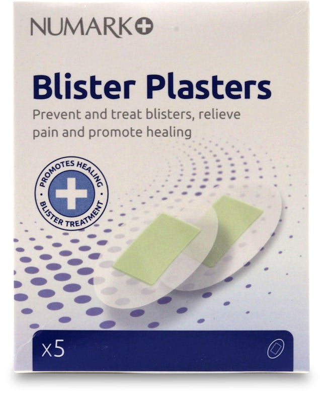 Front view of Numark Blister Plasters pack, ideal for protecting and healing foot blisters quickly.
