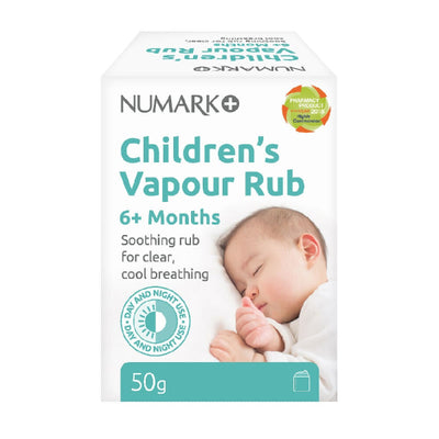 Front of Numark Children's Vapour Rub jar for babies 6 months+, helps ease colds and blocked noses.