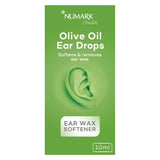 Green packaging of Numark Health Olive Oil Ear Drops with an ear illustration on a white background