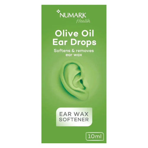 Green packaging of Numark Health Olive Oil Ear Drops with an ear illustration on a white background