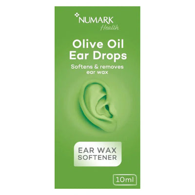 Green packaging of Numark Health Olive Oil Ear Drops with an ear illustration on a white background