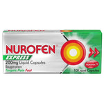 Nurofen Express 200mg 10 Liquid Capsules Ibuprofen box containing 10 liquid capsules, shown on a plain white background.