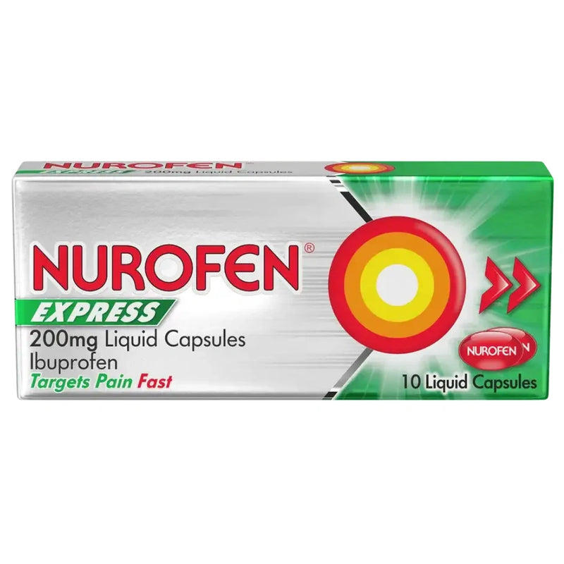 Nurofen Express 200mg 10 Liquid Capsules Ibuprofen box containing 10 liquid capsules, shown on a plain white background.