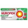 Nurofen Express 200mg 16 Liquid Capsules Ibuprofen box containing 16 liquid capsules, featuring a green and silver design with a red and yellow target logo.