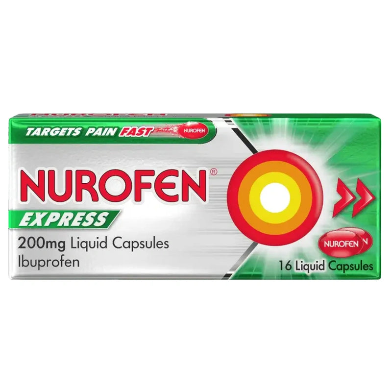 Nurofen Express 200mg 16 Liquid Capsules Ibuprofen box containing 16 liquid capsules, featuring a green and silver design with a red and yellow target logo.