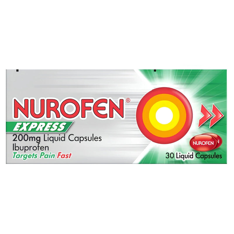 Nurofen Express 200mg Liquid Capsules ibuprofen box, 30 liquid capsules, featuring a white and green design with a red and yellow target logo.