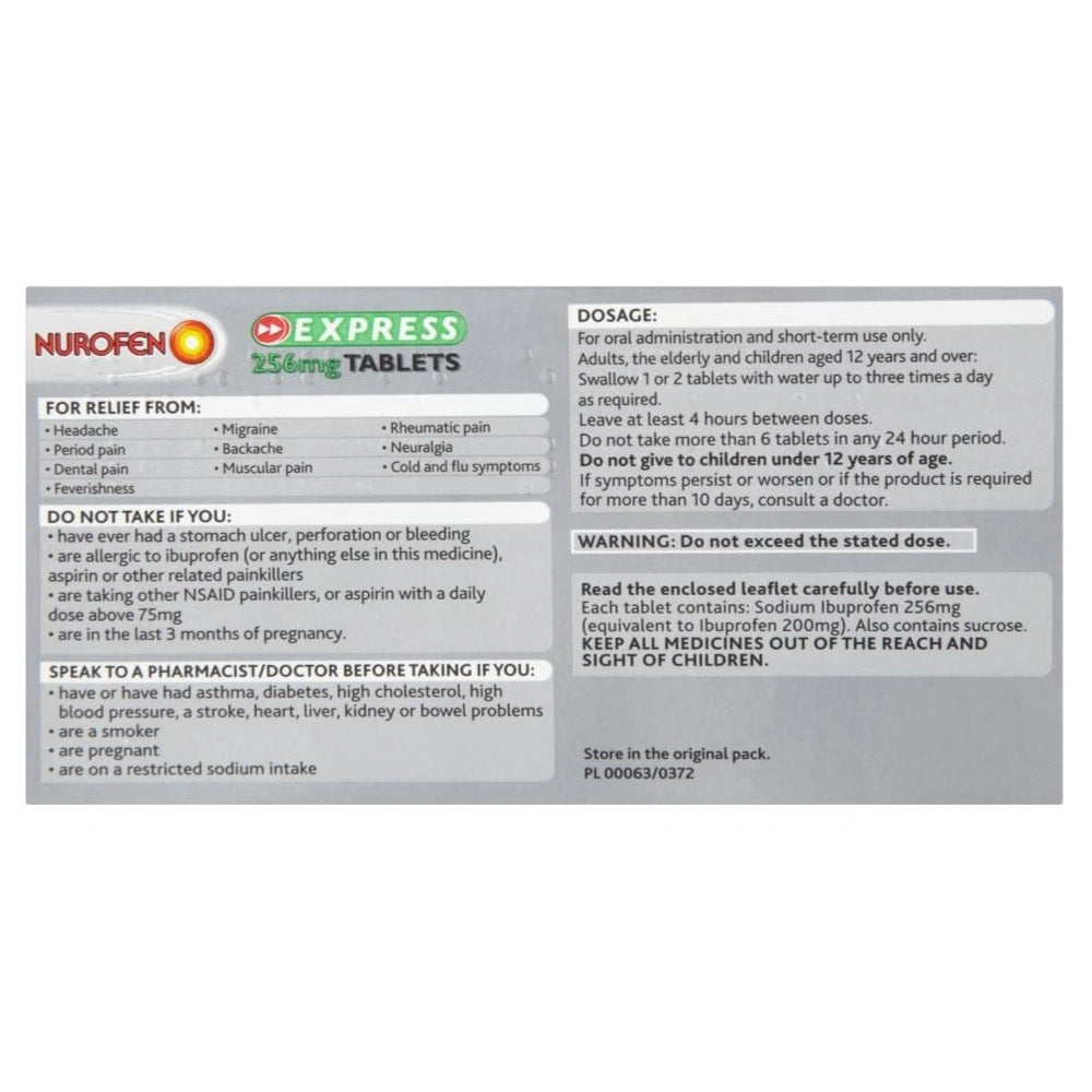 Nurofen Express 2.5g 16 tablets packaging insert showing dosage instructions, side effects, and warnings on a white background.