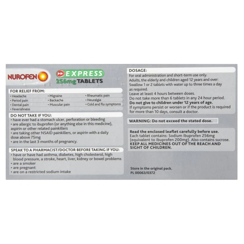 Nurofen Express 2.5g 16 tablets packaging insert showing dosage instructions, side effects, and warnings on a white background.
