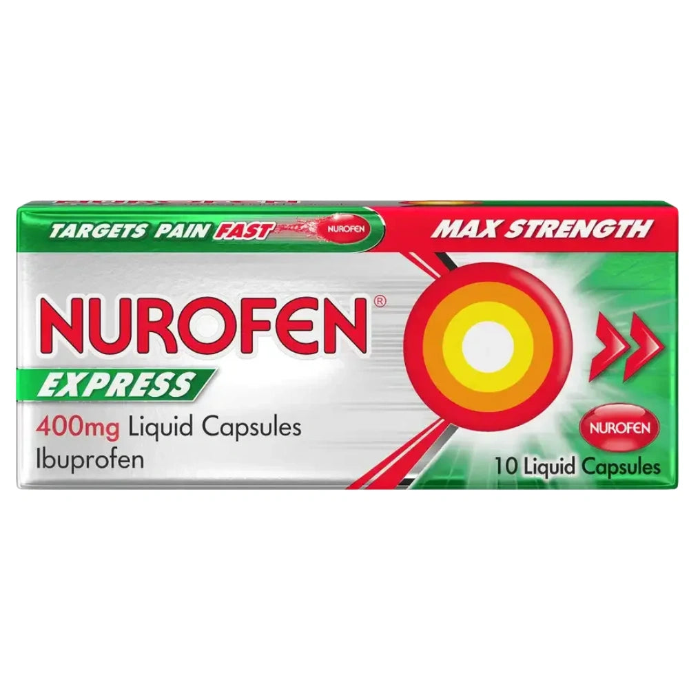 Nurofen Express 400mg Ibuprofen liquid 10 capsules box, 10 liquid capsules, featuring a red, green, and white design with a target graphic.
