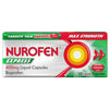 Nurofen Express 400mg Ibuprofen liquid 10 capsules box, 10 liquid capsules, featuring a red, green, and white design with a target graphic.
