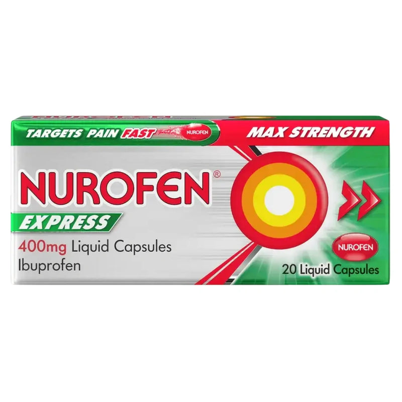 Nurofen Express 400mg 20 Liquid Capsules Ibuprofen box, 20 liquid capsules, featuring a red, green, and white design with a target graphic.