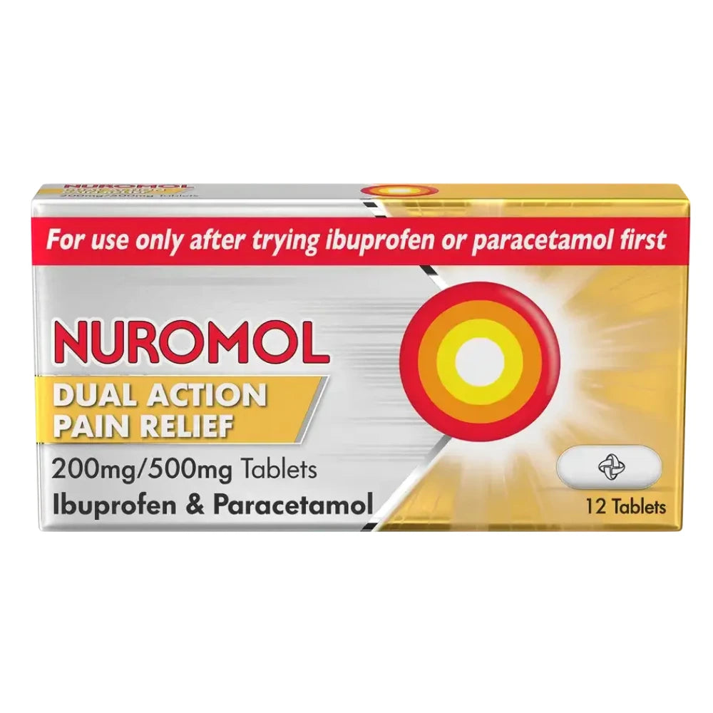 Box of Nuromol Dual Action Pain Relief 12 tablets on a white background