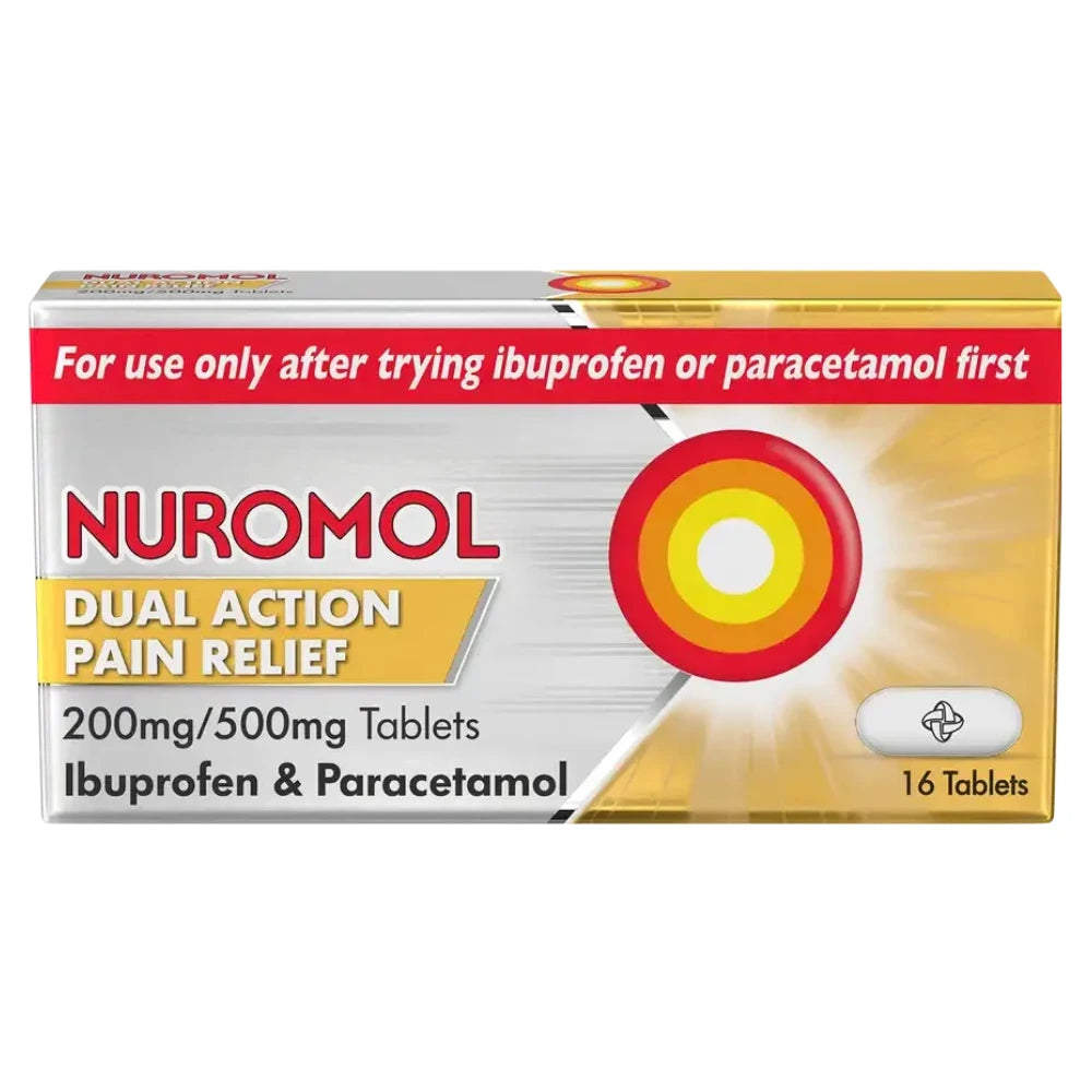 Box of NUROMOL Dual Action Pain Relief 16 tablets on a white background