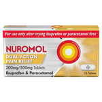 Box of NUROMOL Dual Action Pain Relief 16 tablets on a white background