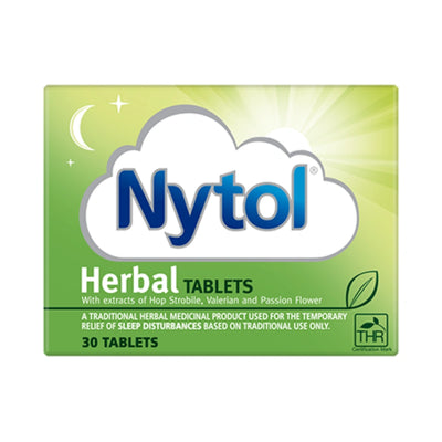 Nytol Herbal Tablets packaging box, featuring a green and white design with the brand name 'Nytol' in blue inside a white cloud graphic.