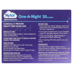 Nytol One-A-Night 50mg Tablets packaging with instructions and ingredients list on a purple background
