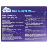 Nytol One-A-Night 50mg Tablets packaging with instructions and ingredients list on a purple background