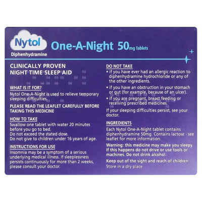 Nytol One-A-Night 50mg Tablets packaging with instructions and ingredients list on a purple background