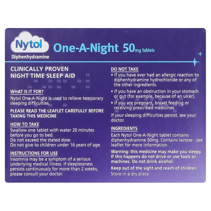 Nytol One-A-Night 50mg Tablets packaging with instructions and ingredients list on a purple background