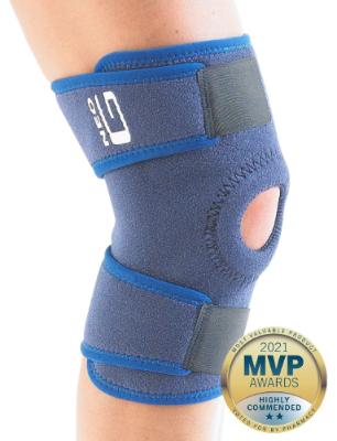 Adjustable open knee support with neoprene material and metal stays for stability.