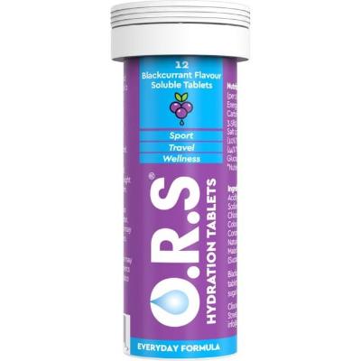 ORS Hydration Tablets Blackcurrant, effervescent tablets dissolving in water, blackcurrant flavor