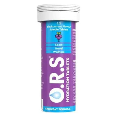 ORS Hydration Tablets Blackcurrant, effervescent tablets dissolving in water, blackcurrant flavor.