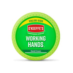 O'Keeffe's Working Hands Hand Cream 193g in a round green tin with a lime green textured rim, shown on a white background with a soft shadow.