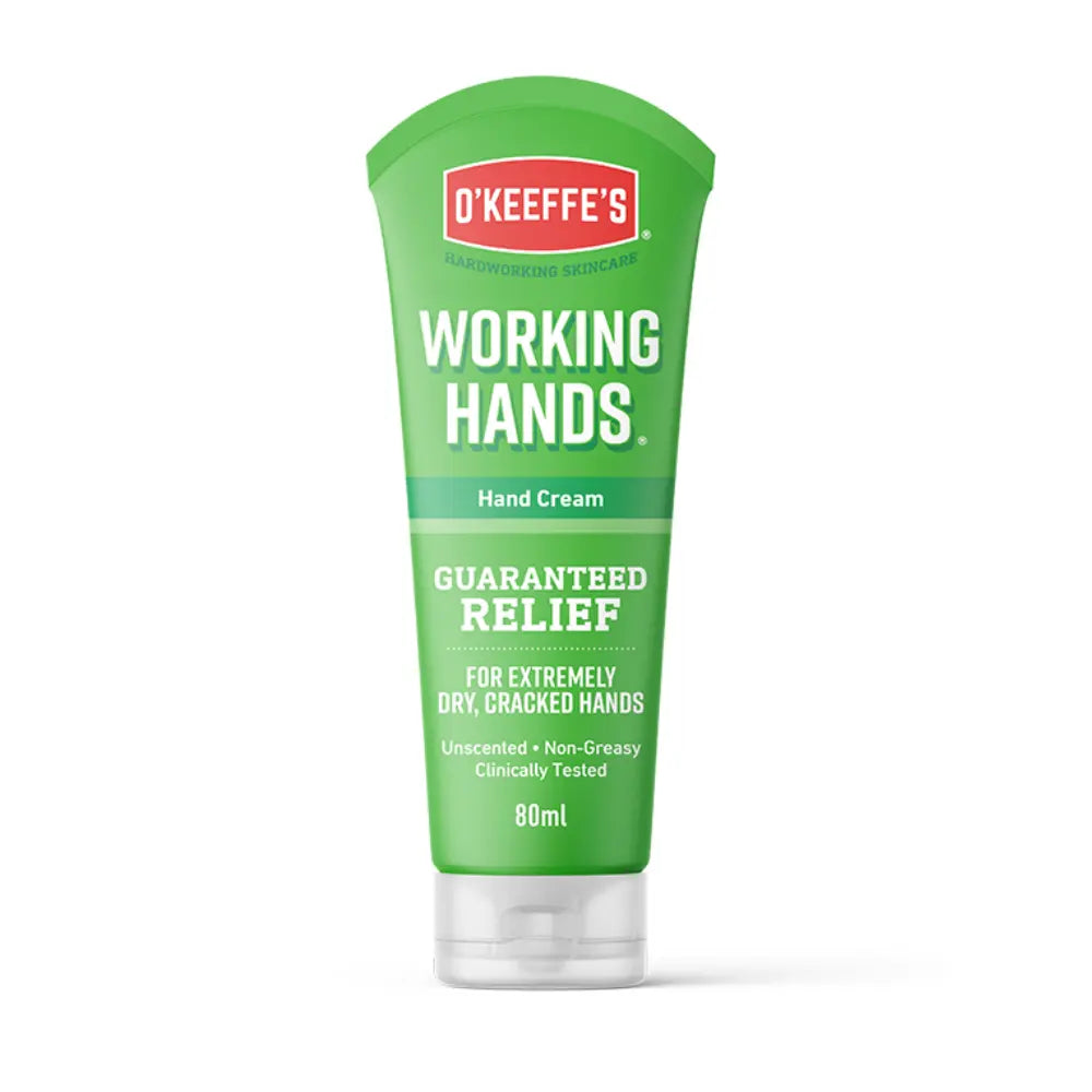 O'Keeffe's Working Hands Hand Cream 85g in a green squeeze tube with a clear cap, shown on a white background.