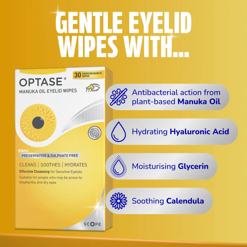 Optase Manuka Oil Eyelid Wipes packaging shown on a yellow background with marketing text and feature callouts for antibacterial, hydrating, moisturizing, and soothing benefits.