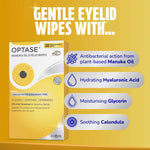 Optase Manuka Oil Eyelid Wipes packaging shown on a yellow background with marketing text and feature callouts for antibacterial, hydrating, moisturizing, and soothing benefits.
