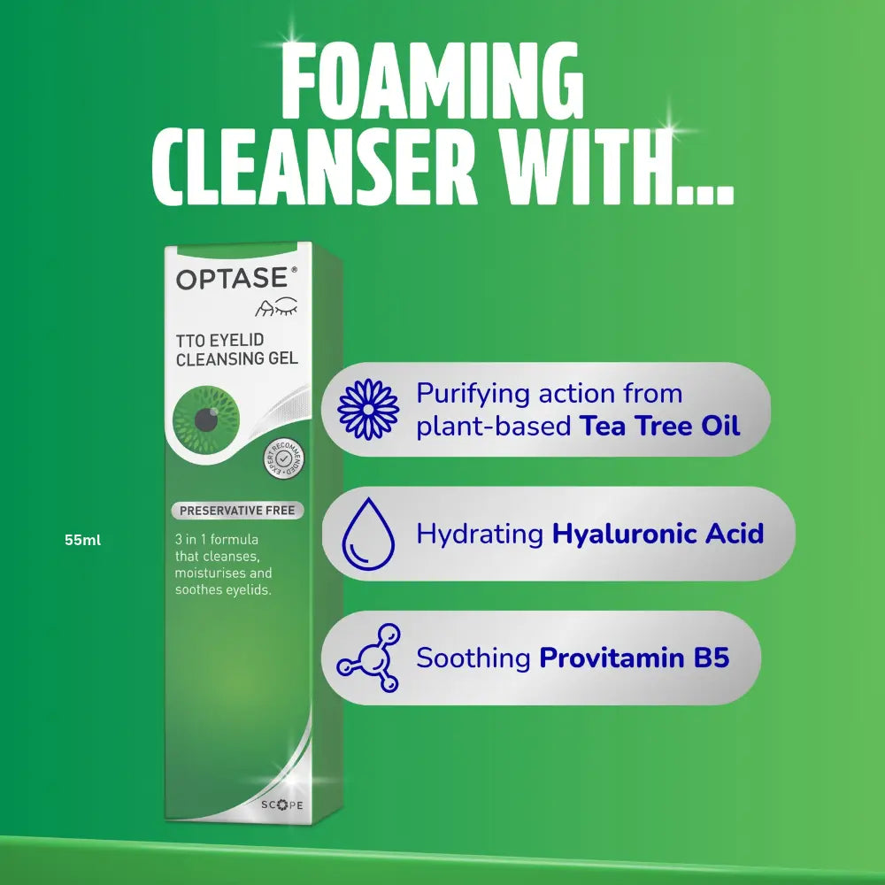 Optase TTO Eyelid Cleansing Gel packaging shown on a bright green promotional background with text reading 'FOAMING CLEANSER WITH.