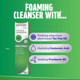 Optase TTO Eyelid Cleansing Gel packaging shown on a bright green promotional background with text reading 'FOAMING CLEANSER WITH.