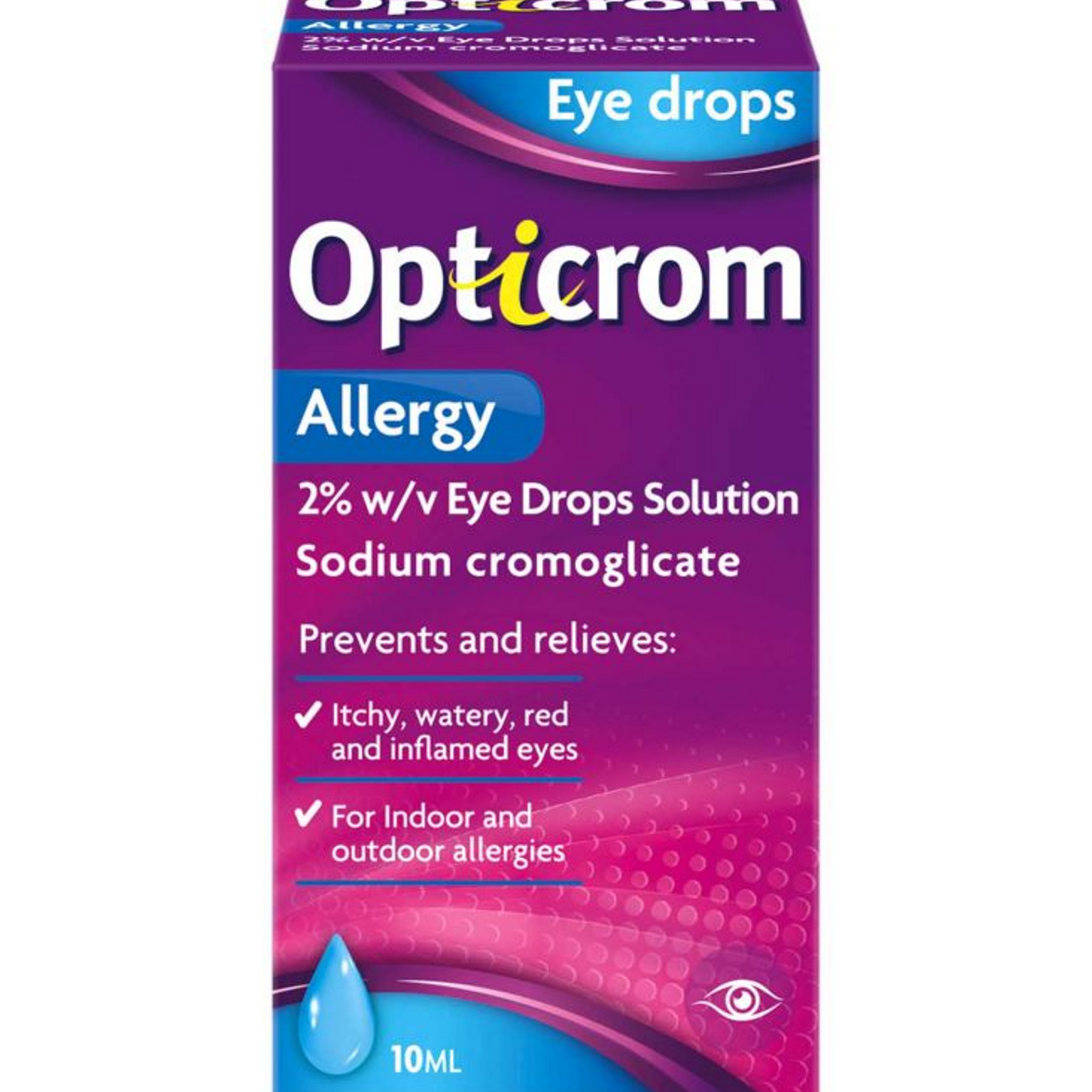 Opticrom Allergy eye drops 10 ml packaging on a white background