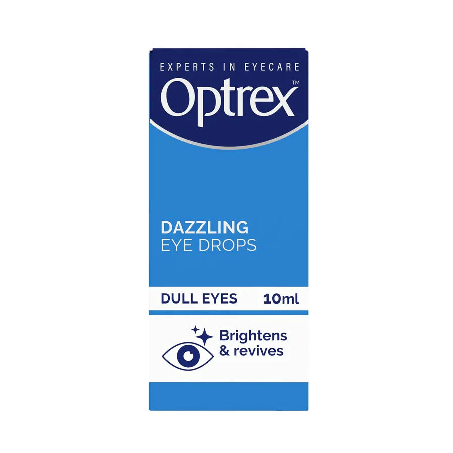 Optrex Dazzling Eye Drops 10ml bottle with a brightening formula for tired, dry eyes.