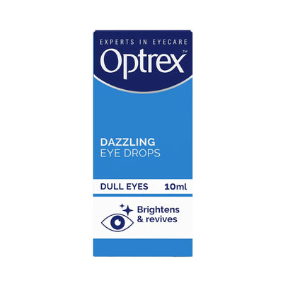 Optrex Dazzling Eye Drops 10ml bottle with a brightening formula for tired, dry eyes.