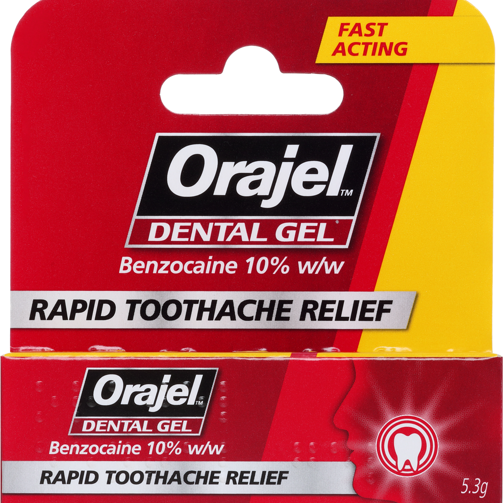 Orajel Dental Gel 5.3g packaging with red and yellow design