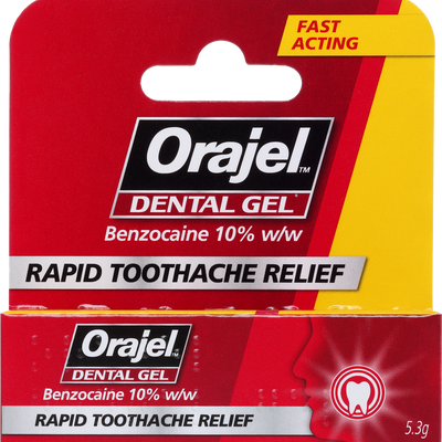 Orajel Dental Gel 5.3g packaging with red and yellow design