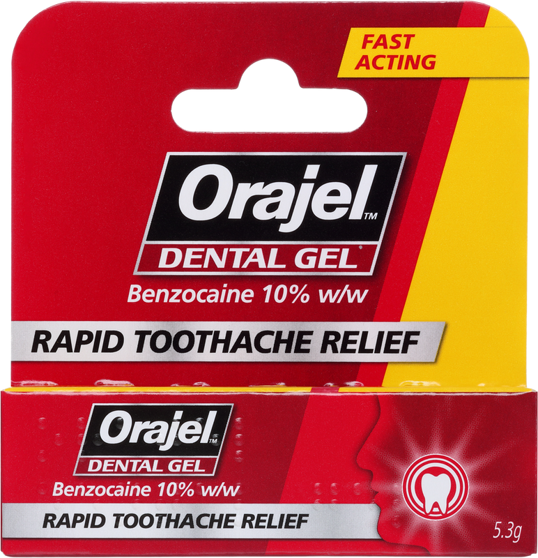 Orajel Dental Gel 5.3g packaging with red and yellow design