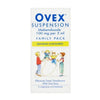 A vertical box of OVEX Suspension family pack mebendazole, banana flavored, with blue text and an illustration of children jumping rope on a white background.