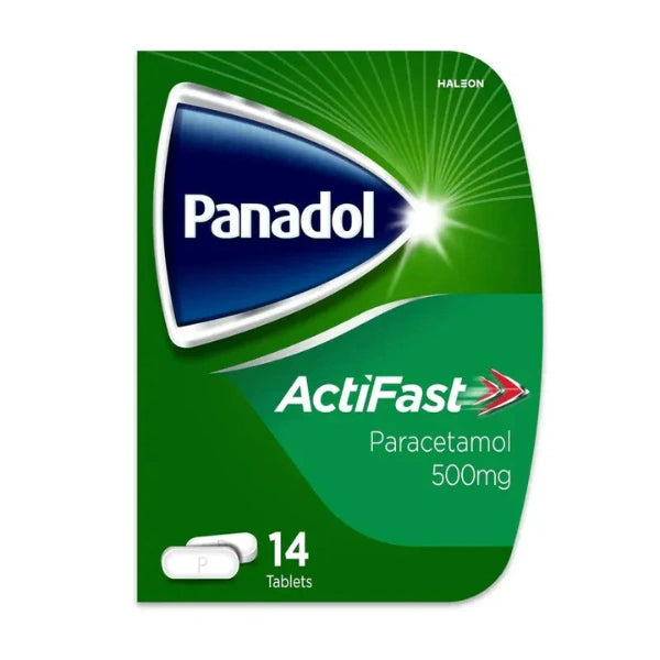 Panadol Actifast Paracetamol 500mg 14 Tablets packaging on a white background